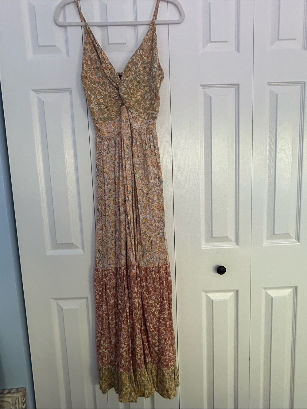 Angie Floral Tiered Maxi Dress in Rust, Cream, and Olive